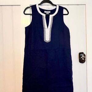 Like new! Tommy Bahama Navy Blue linen Sleeveless Dress with White Trim.